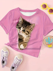 Cat Print Short Sleeve T Shirt Girls