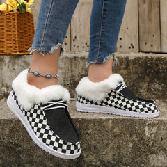 Plaid Pattern Thickened Warm Walking Shoes Lightweight Low Top Sport Flat Shoes