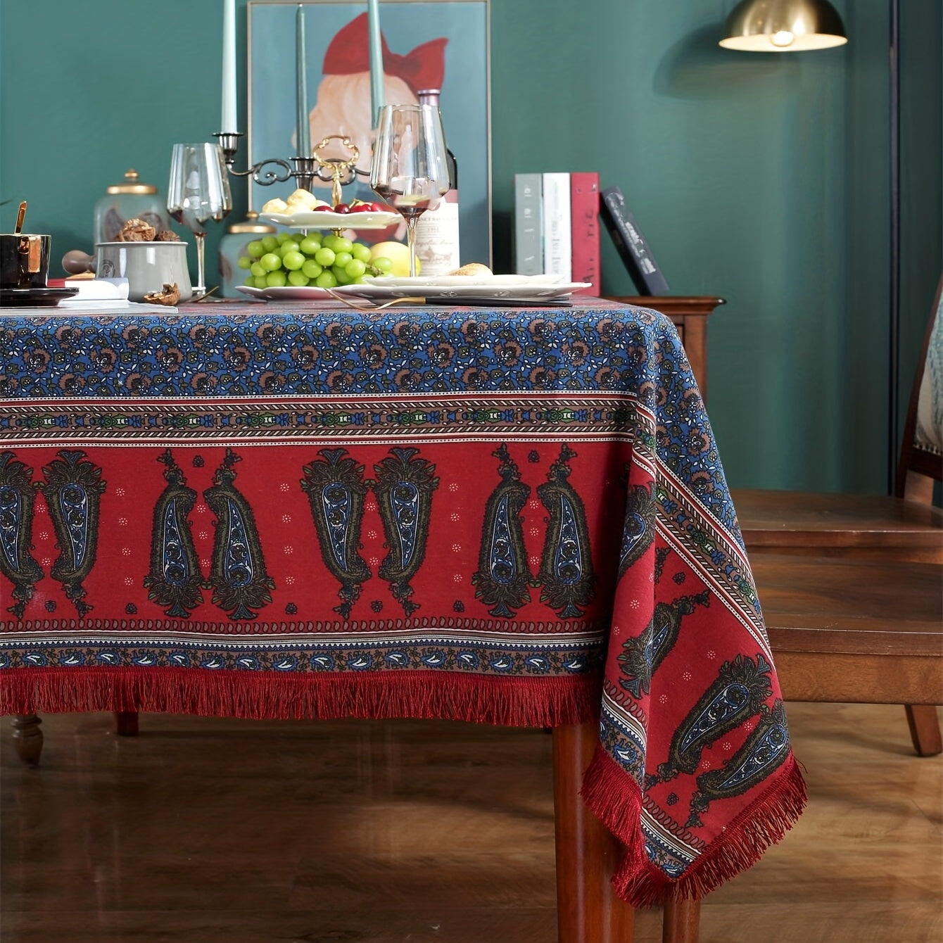 Christmas Cotton Tablecloth with Red Fringe Bohemian Printed Table Flag