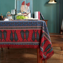 Christmas Cotton Tablecloth with Red Fringe Bohemian Printed Table Flag