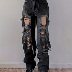 High Waist Ripped Straight Jeans Distressed Loose Fit Denim Pants