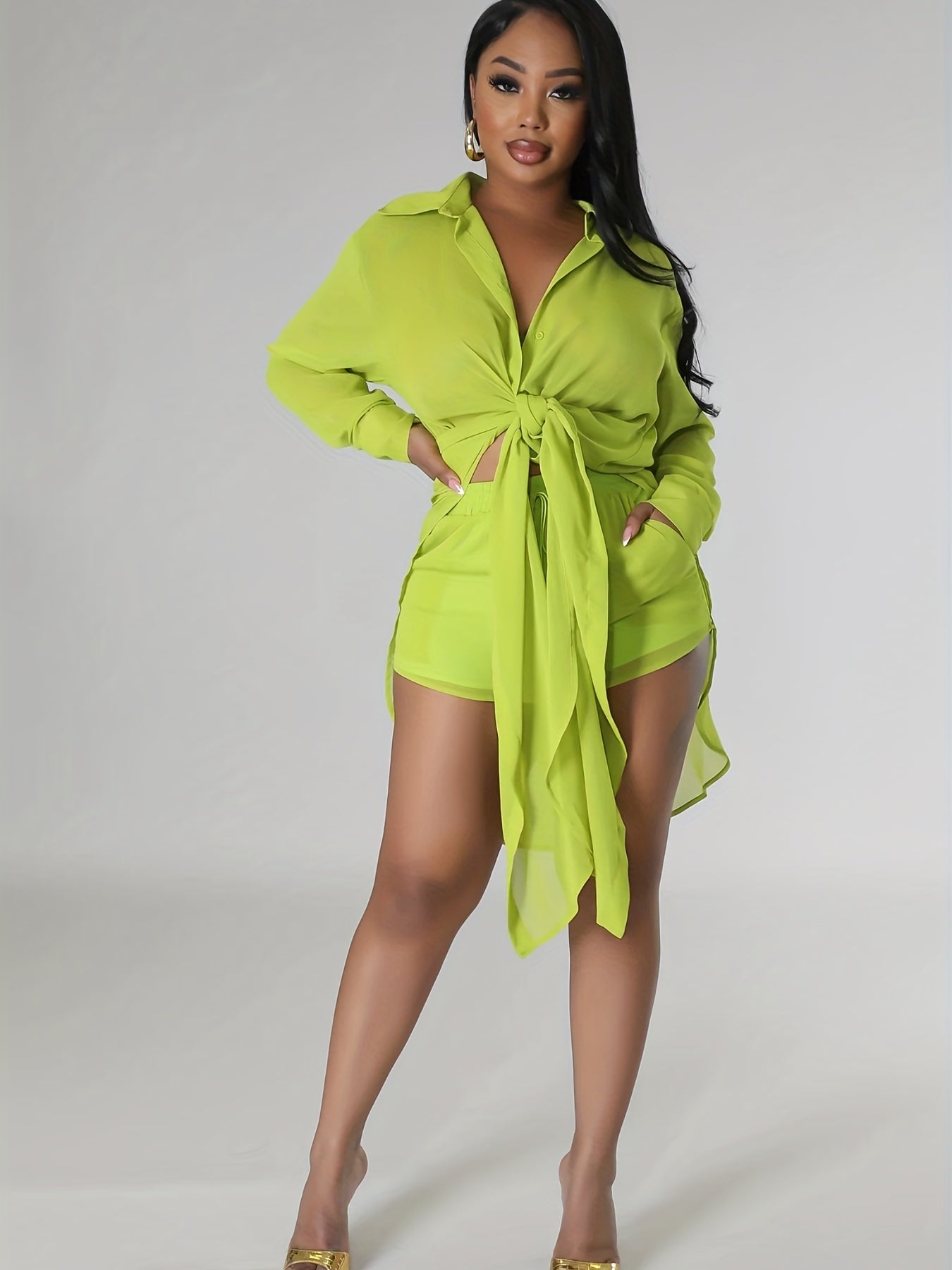 Solid Two-Piece Set Longline Shirt & Drawstring Shorts