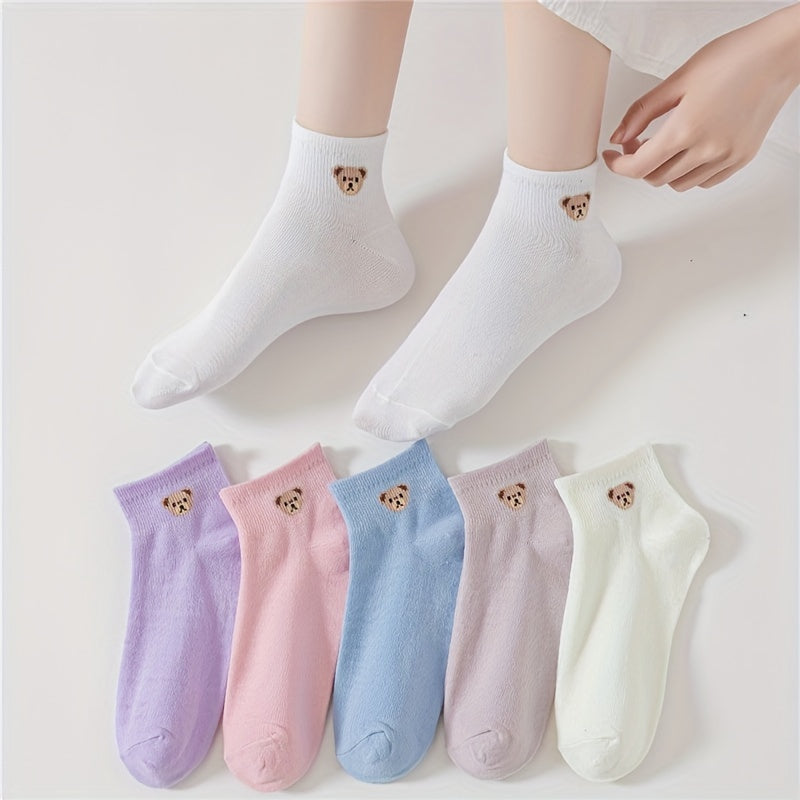 6 Pairs Cartoon Bear Print Socks Comfy & Crew Short Socks Women's Stockings