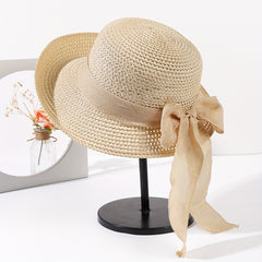 Vintage Sun Hat Bowknot Crochet Straw Hat Foldable Fedora Cap