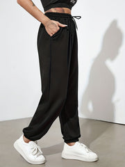 Women's Outdoor Running Casual Workout Pants Solid Loose Drawstring Athleisure