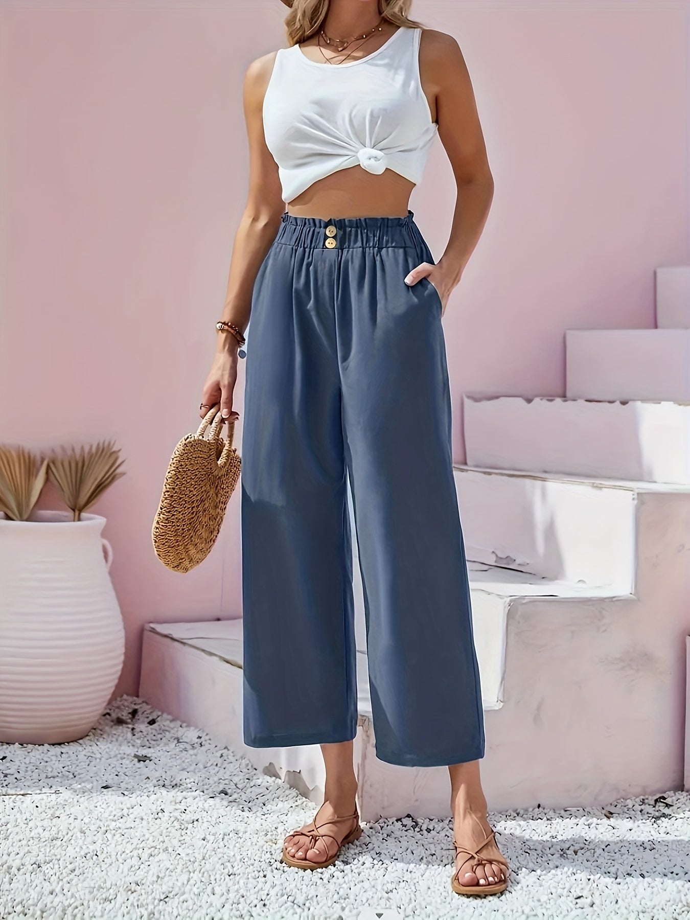 Wide Leg Trousers with Pockets - Elastic High Rise