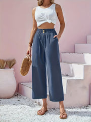 Wide Leg Trousers with Pockets - Elastic High Rise
