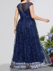 Leaf Print Sequin Cap Sleeve Maxi Evening Formal Dress