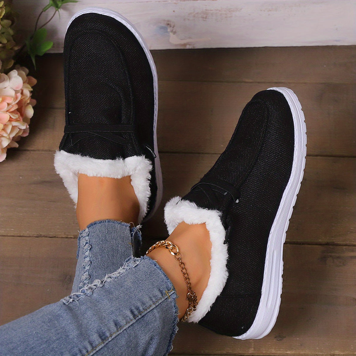 Plush Fur Fleece Lined Flat Skate Shoes