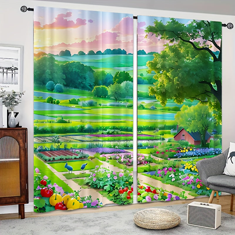 Cartoon Farmland Tree Garden Curtain Tapestry