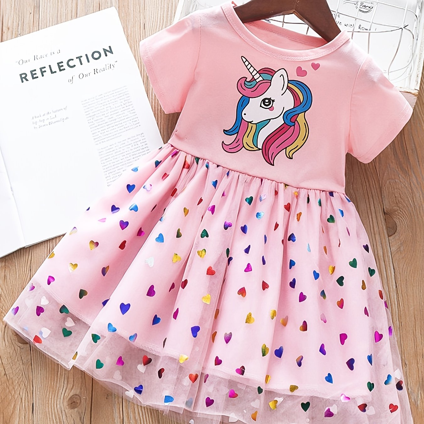 Girls Unicorn Sequins Heart Tulle Patchwork Dress