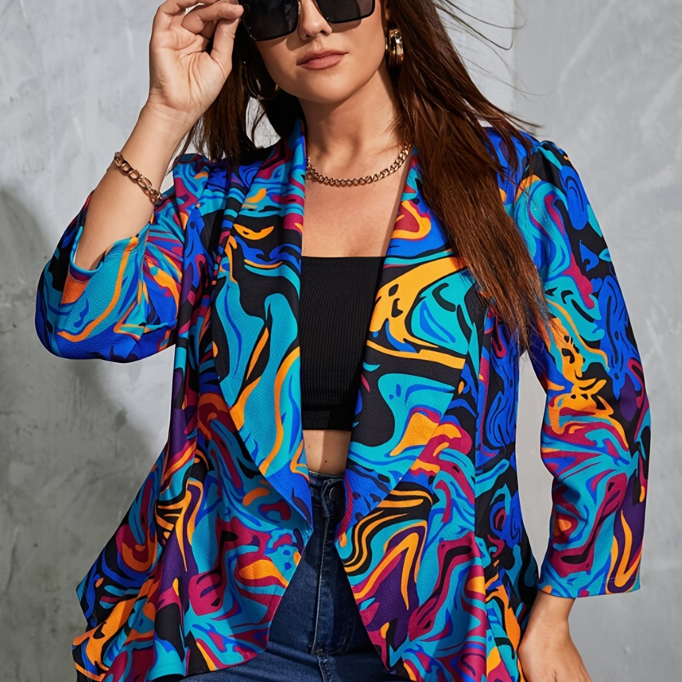 Abstract Stripe Print 3/4 Sleeve Blazer Women's Plus