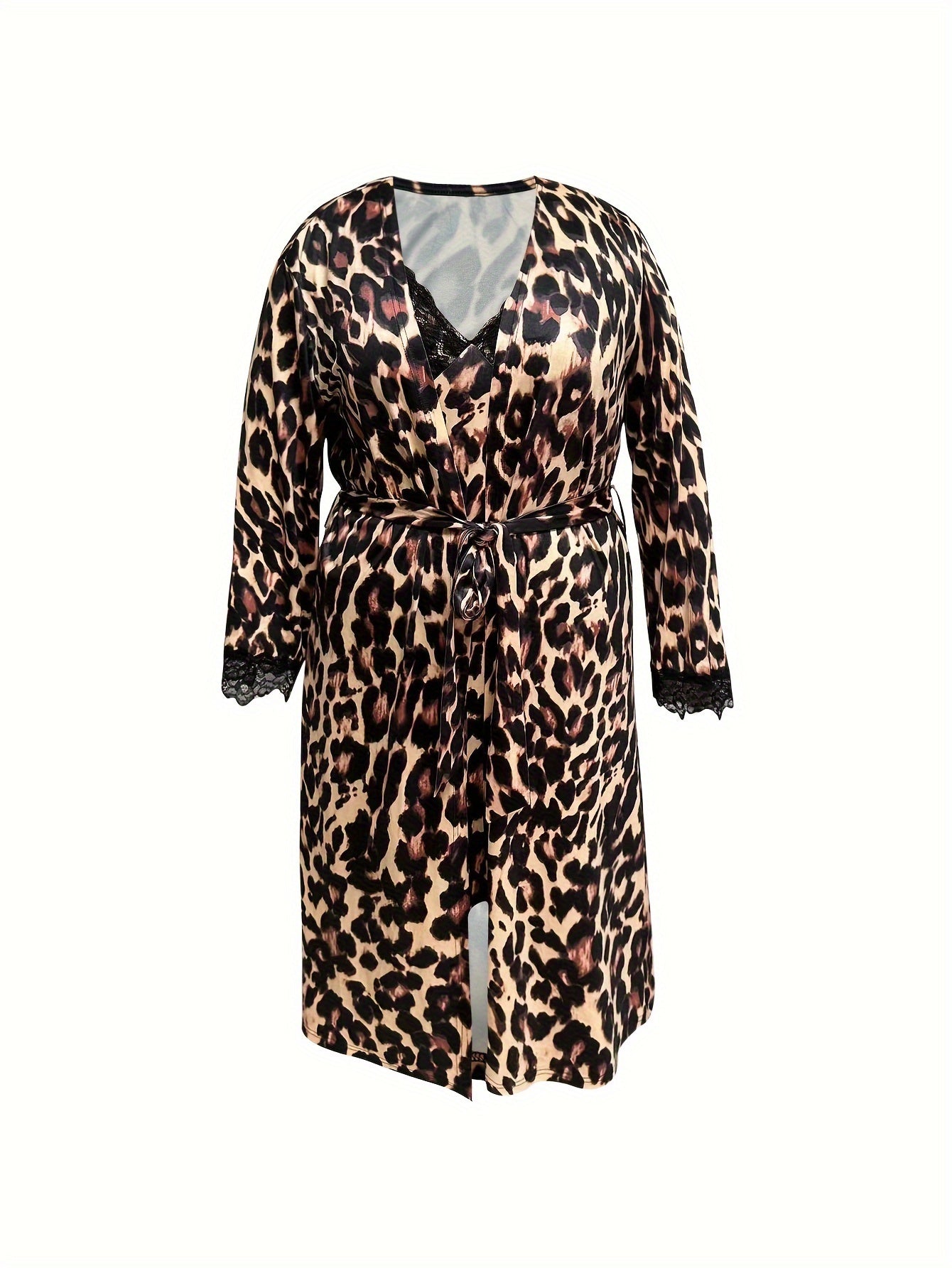 Sexy Leopard Print Lace Robe & Cami Dress Set
