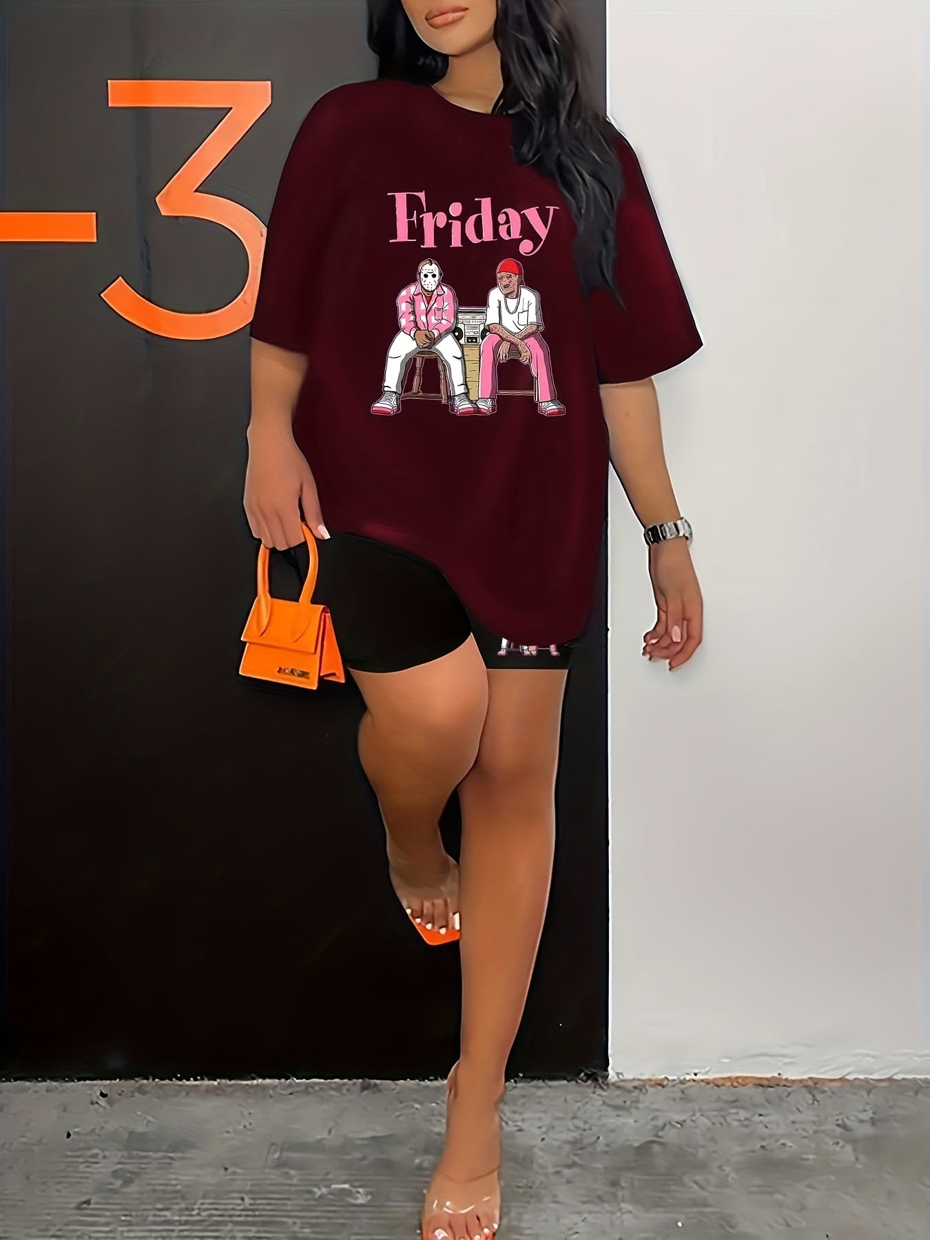 Cartoon Figure & Letter Print Top & Shorts Set