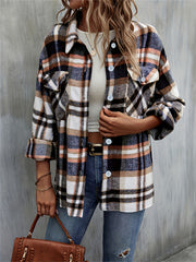 Button Plaid Drop Shoulder Jacket for Fall & Winter