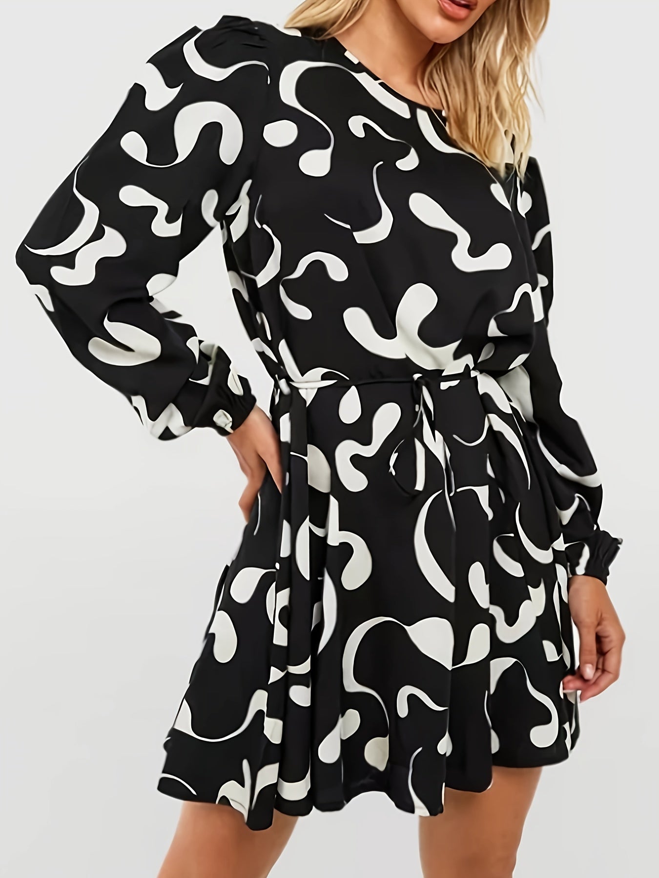 Graffiti Print Long Sleeve Mini Dress With Belt