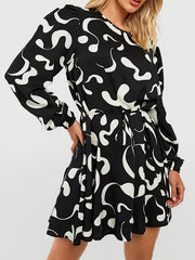 Graffiti Print Long Sleeve Mini Dress With Belt