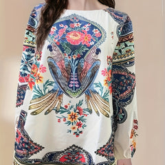 Retro Blouse Women's Plus Bird & Floral Print Top