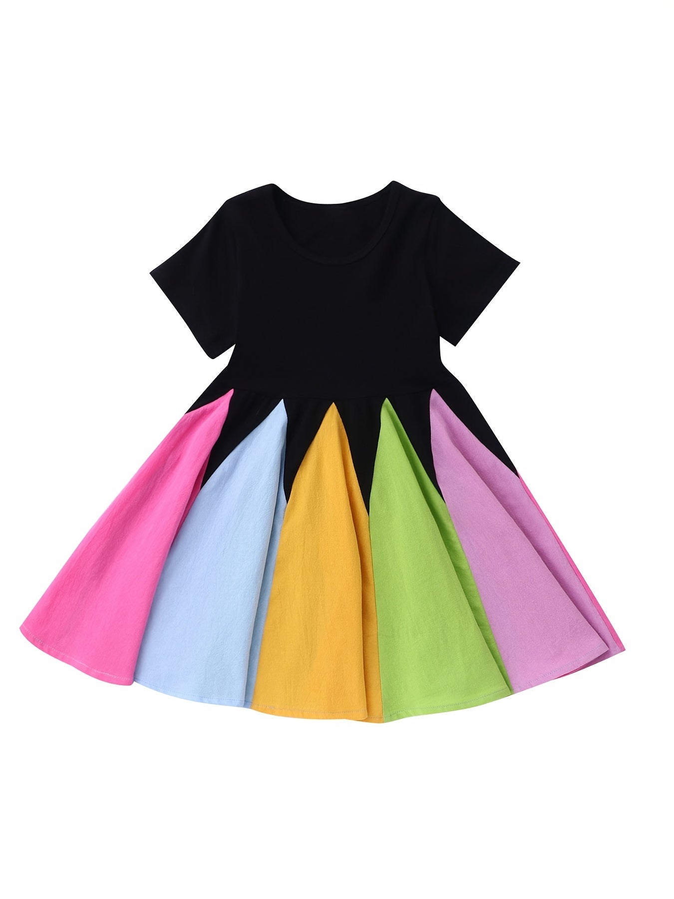 Girls Rainbow Block Short Sleeves Round Neck Cotton Casual Princess Dress