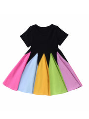 Girls Rainbow Block Short Sleeves Round Neck Cotton Casual Princess Dress