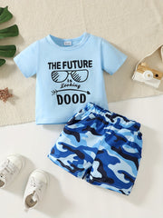 Toddler Boys Letter Print Top & Camo Shorts Set