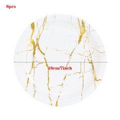 Marble Disposable Paper Plates with Golden Foil - 8/16pcs Set