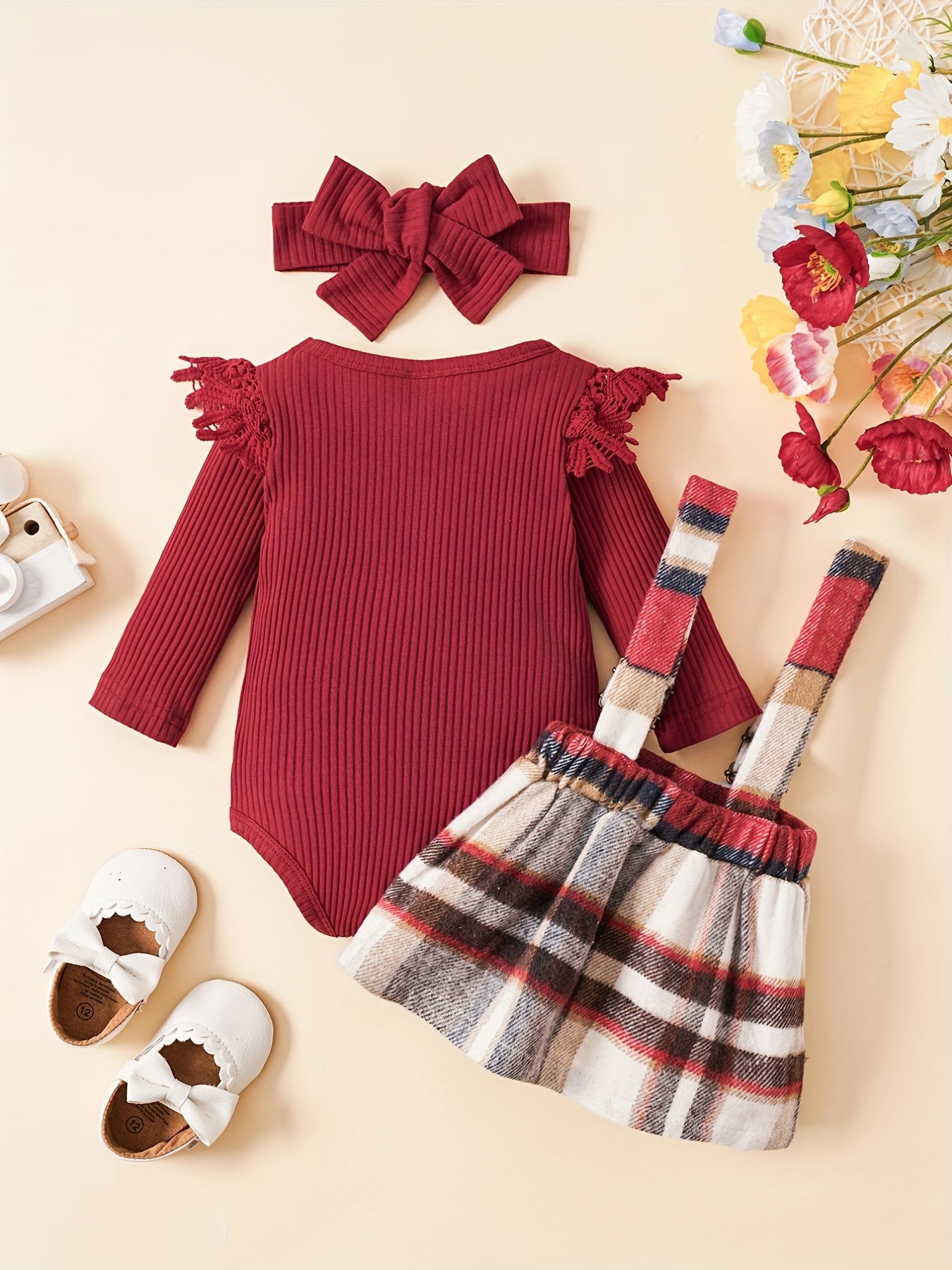 3pcs Baby Girls Long Sleeve Onesie & Plaid Suspender Skirt Set