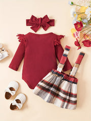 3pcs Baby Girls Long Sleeve Onesie & Plaid Suspender Skirt Set