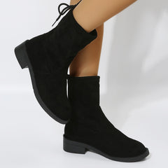 Women's Low Block Heel Ankle Boots Lace-Up Slip-On Round Toe Short Boots