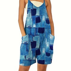 Denim Print Dual Pockets Romper Casual Sleeveless Jumpsuit