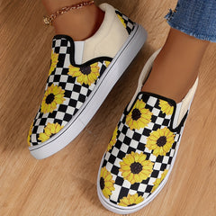 Sunflower & Plaid Pattern Walking Shoes Low Top Travel Sport Flat Shoes Women's