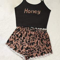 Leopard Print Pajama Set Crew Neck Cami Top & Shorts