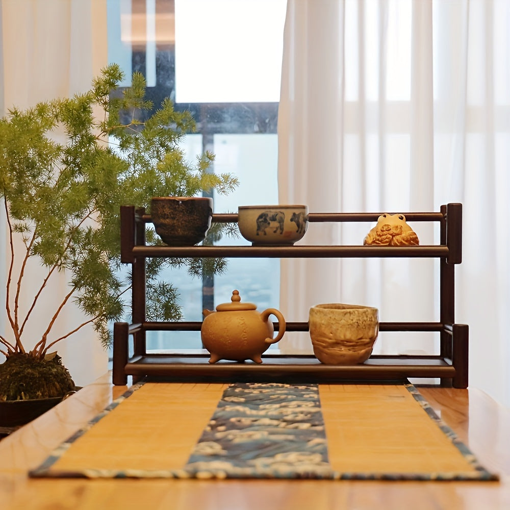 Double Shelf Solid Wood Storage Rack Tea Set Rack Succulent Rack