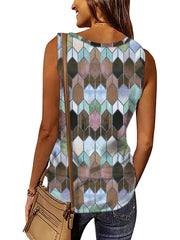 Print V Neck Zip Up Tank Top Sleeveless Summer Women's Clothing