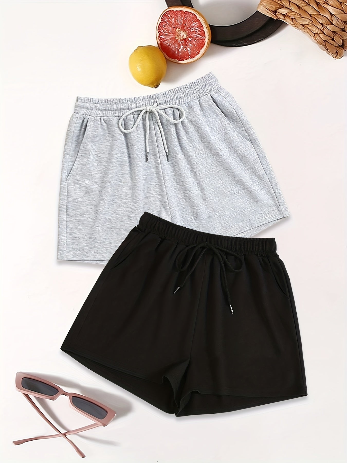 Drawstring Solid Shorts 2 Pack Casual Elastic Waist Workout Shorts Women's Cloth