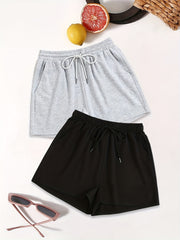 Drawstring Solid Shorts 2 Pack Casual Elastic Waist Workout Shorts Women's Cloth