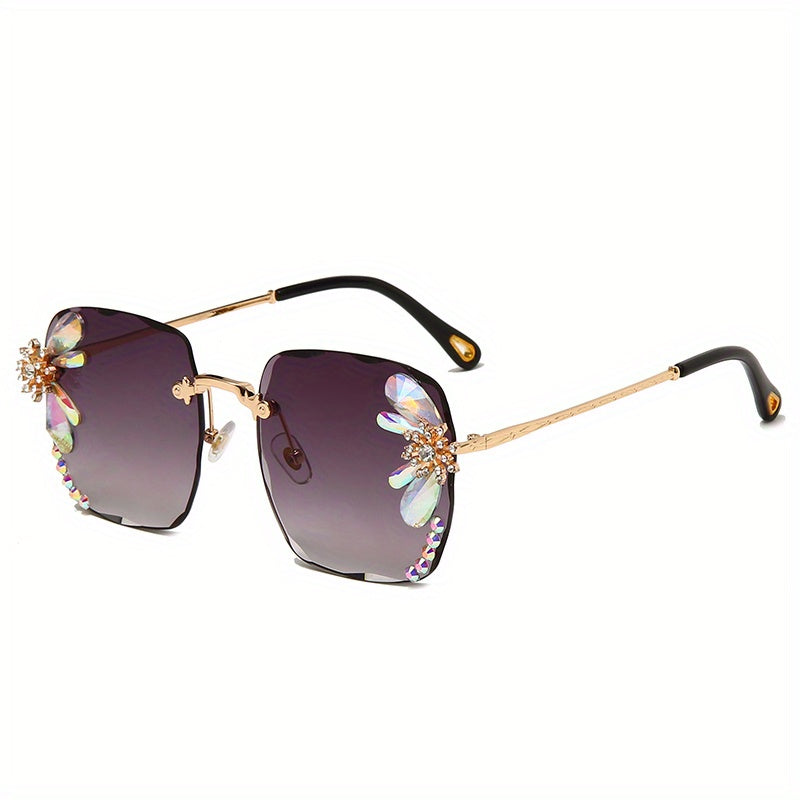 Square Rhinestone Sunglasses Gradient Rimless UV400