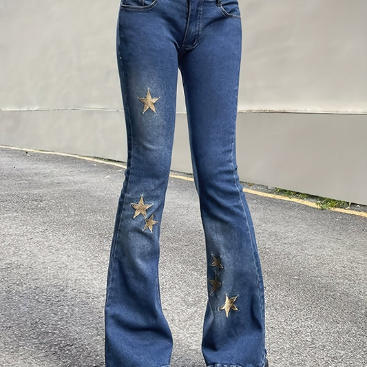 Golden Star Embroidery Flare Leg Jeans Y2K Bell Bottoms