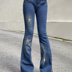 Golden Star Embroidery Flare Leg Jeans Y2K Bell Bottoms