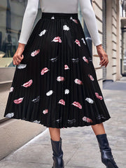 Feather Print Pleated Skirt Elastic Waist for Spring & Summer