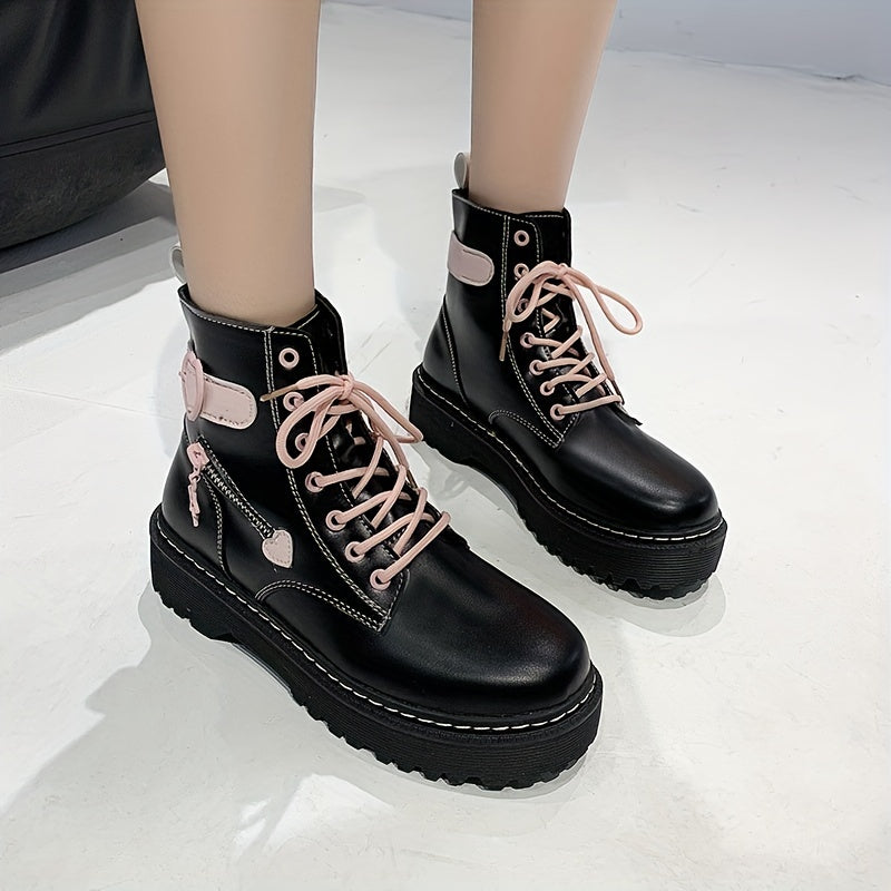 Pink Heart Pattern Combat Boots Chunky Heel Side Zipper Platform Boots