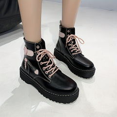 Pink Heart Pattern Combat Boots Chunky Heel Side Zipper Platform Boots