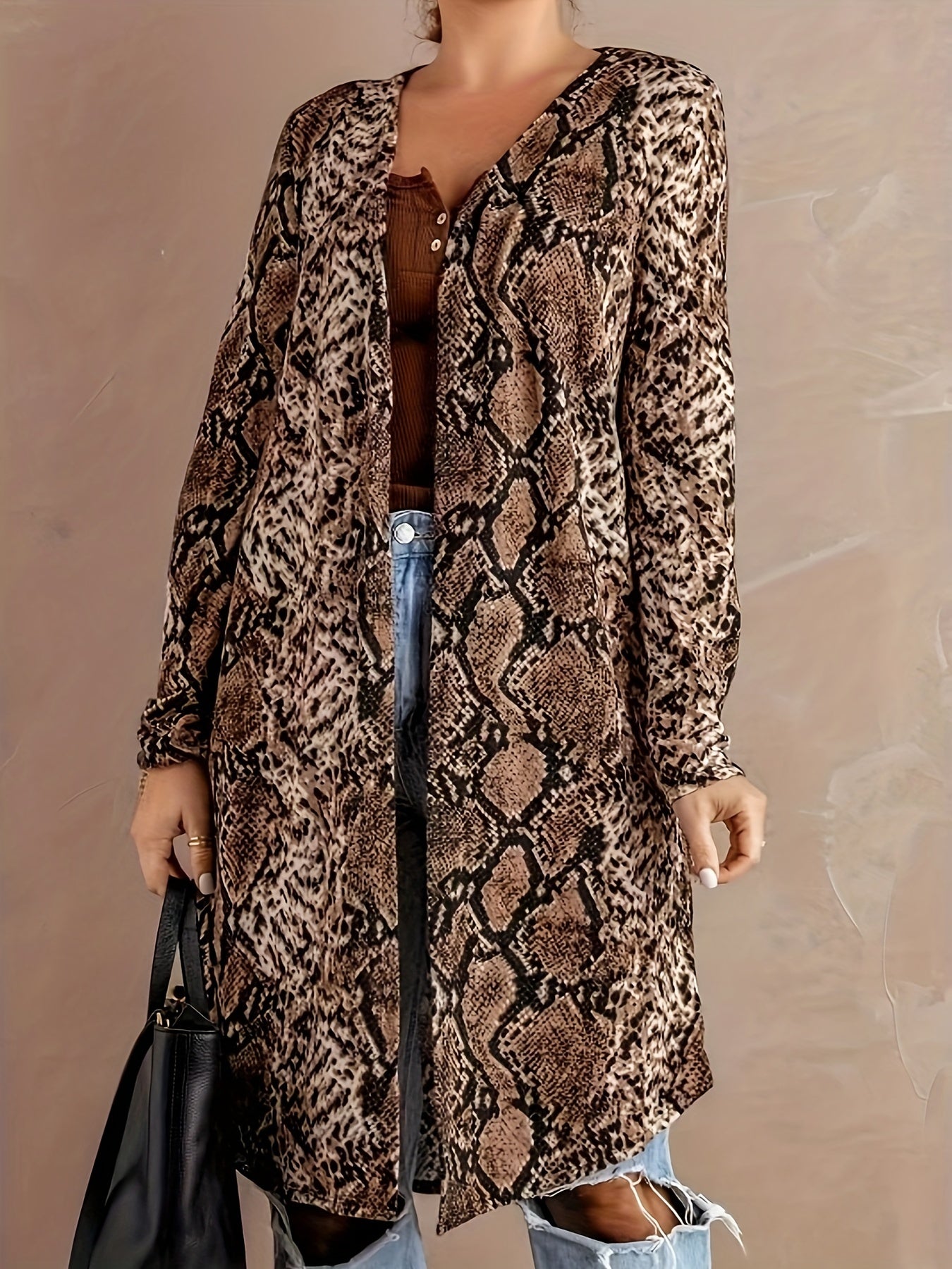 Snake Skin Print Long Sleeve Open Front Cardigan