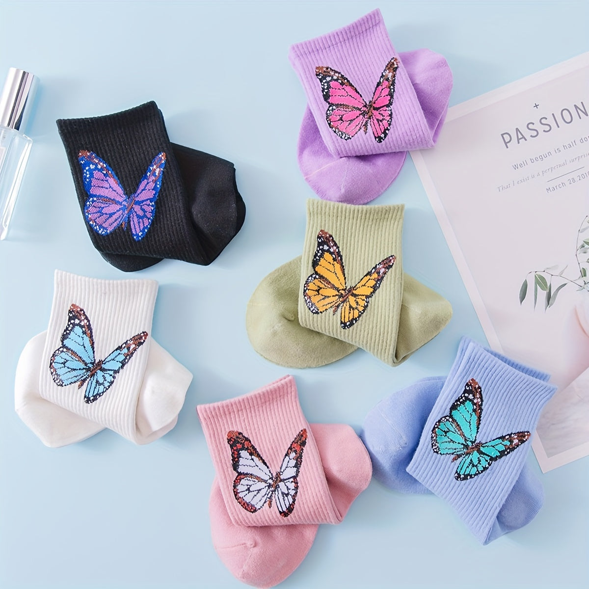 6 Pairs Butterfly Print Mid Tube Socks for Women