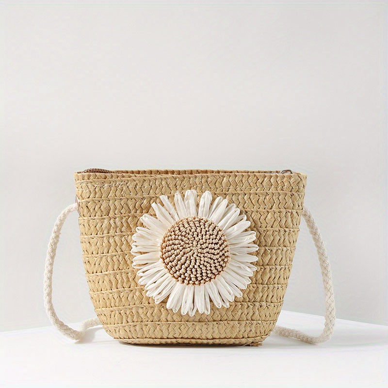 Kids Straw Woven Crossbody Bag Small Flower Coin Purse Handbag