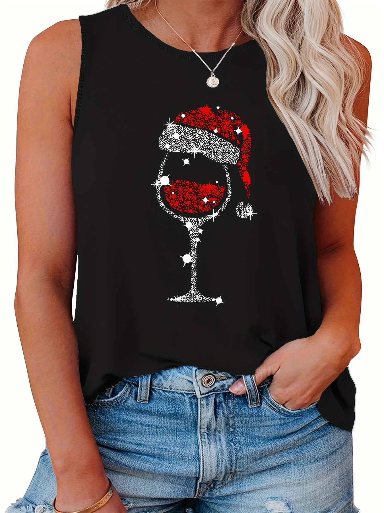 Red Wine Glass Santa Hat Christmas Tank Top