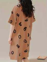 Bear Print Nightdress Short Sleeve Crew Neck Pajama Dress