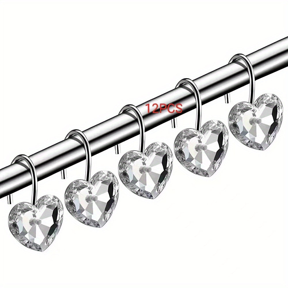 12pcs Heart Shower Curtain Hooks Acrylic Rhinestone Love Decorative Bathroom Acc