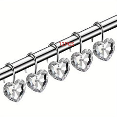 12pcs Heart Shower Curtain Hooks Acrylic Rhinestone Love Decorative Bathroom Acc