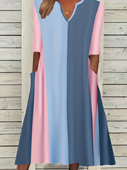 Colorblock V Neck Loose Fit Dress w/ Pockets